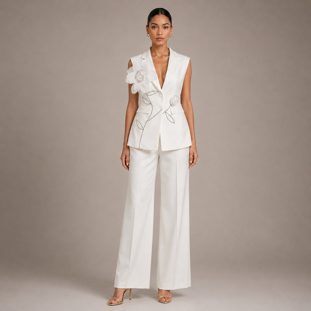 Sleeveless Floral Embroidered Blazer Vest and Wide Leg Trousers Set for Meetings Ready Women-Vyana Collective