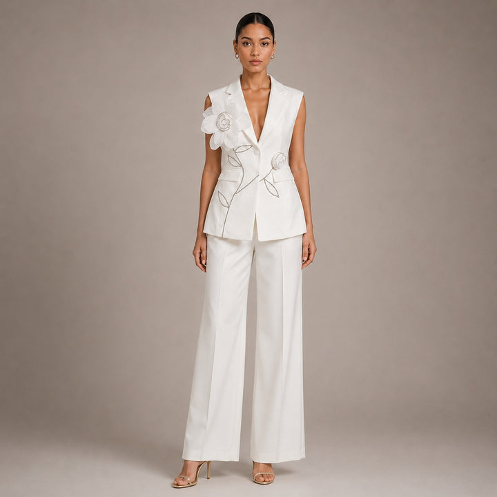 Sleeveless Floral Embroidered Blazer Vest and Wide Leg Trousers Set for Meetings Ready Women-Vyana Collective