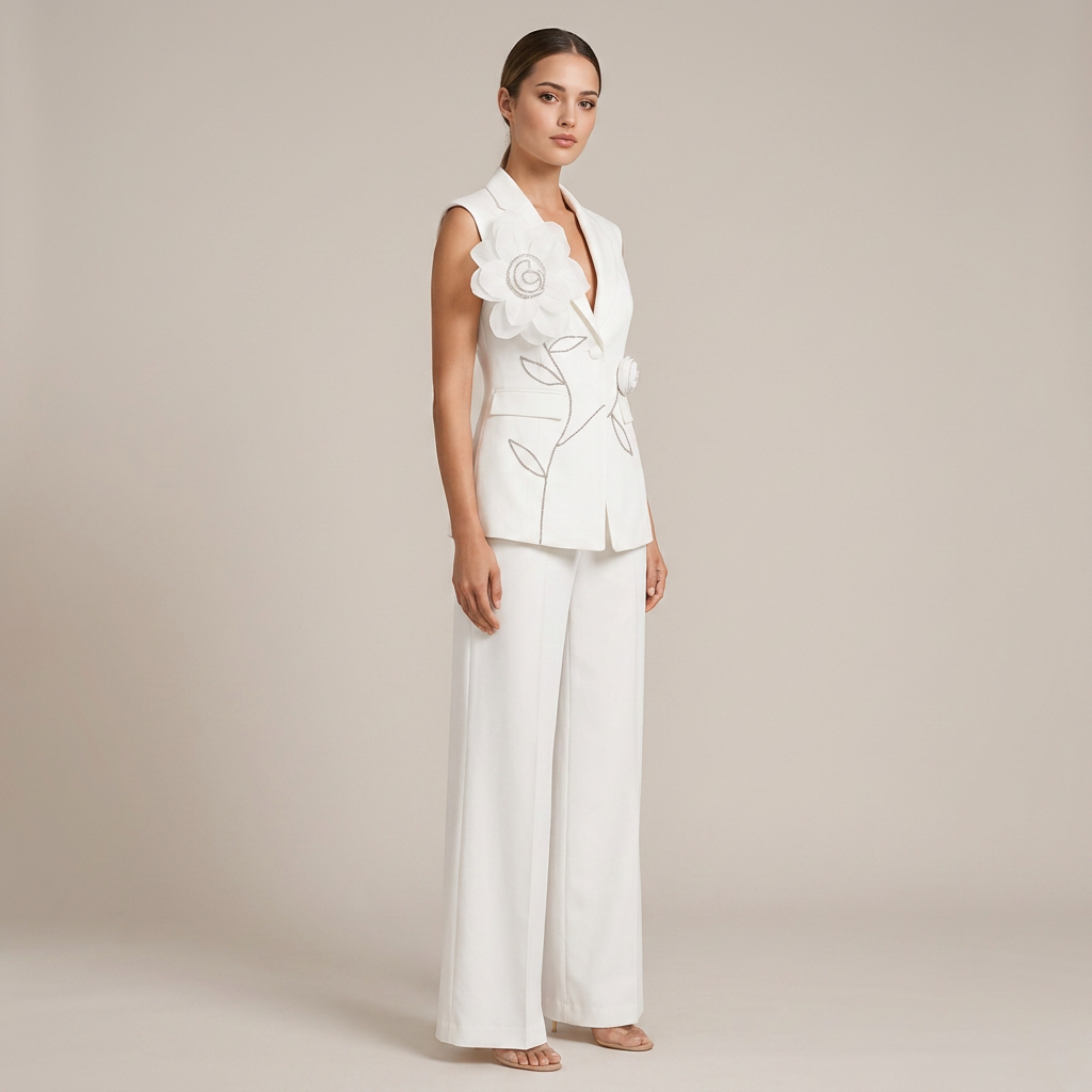 Sleeveless Floral Embroidered Blazer Vest and Wide Leg Trousers Set for Meetings Ready Women-Vyana Collective