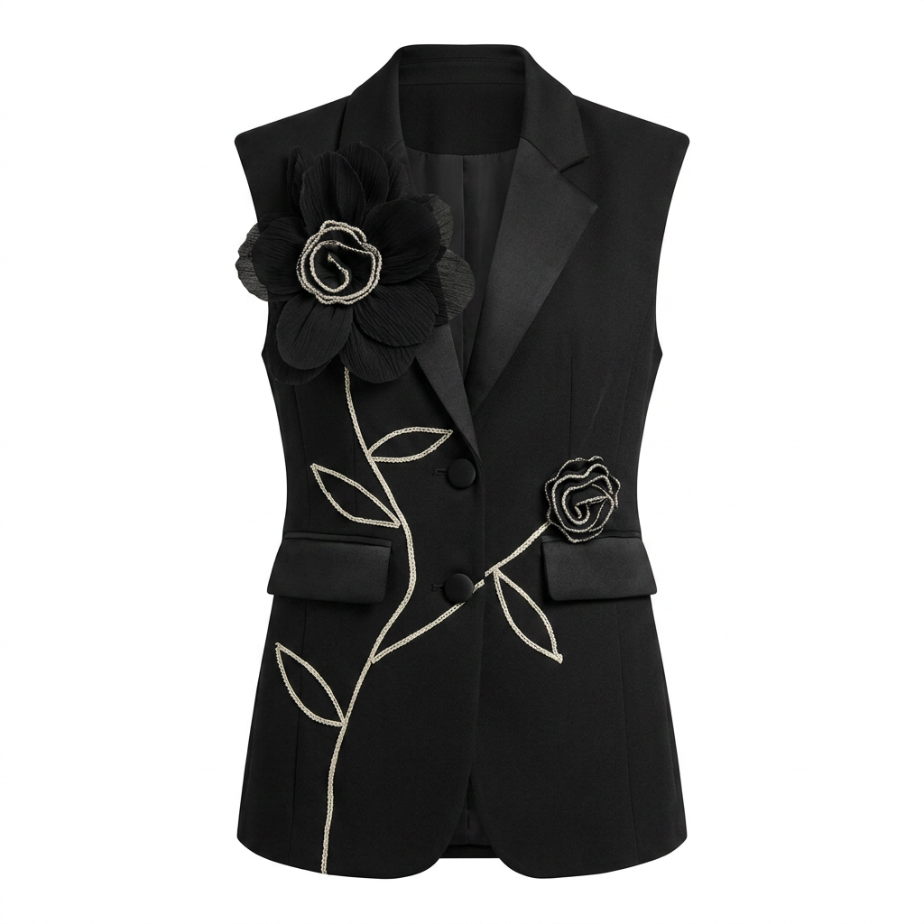 Sleeveless Floral Embroidered Blazer Vest and Wide Leg Trousers Set for Meetings Ready Women-Vyana Collective