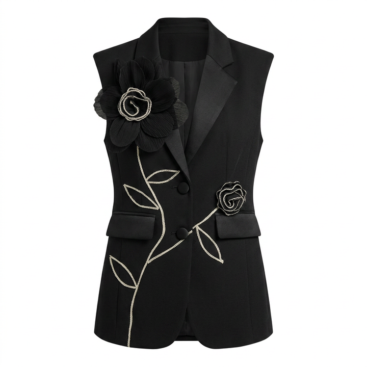 Sleeveless Floral Embroidered Blazer Vest and Wide Leg Trousers Set for Meetings Ready Women-Vyana Collective
