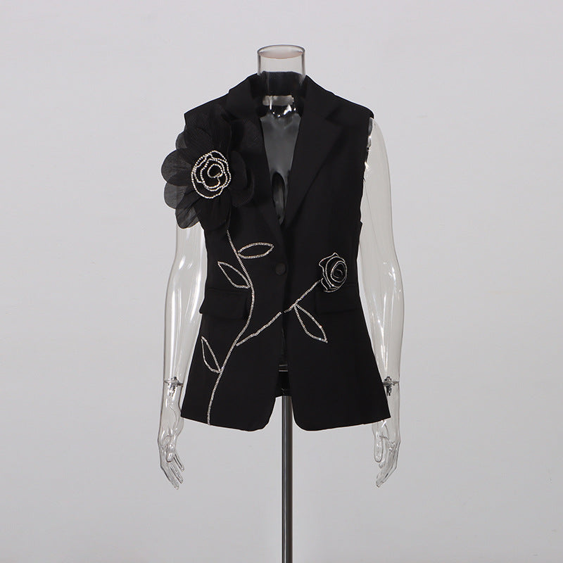 Sleeveless Floral Embroidered Blazer Vest and Wide Leg Trousers Set for Meetings Ready Women-Vyana Collective