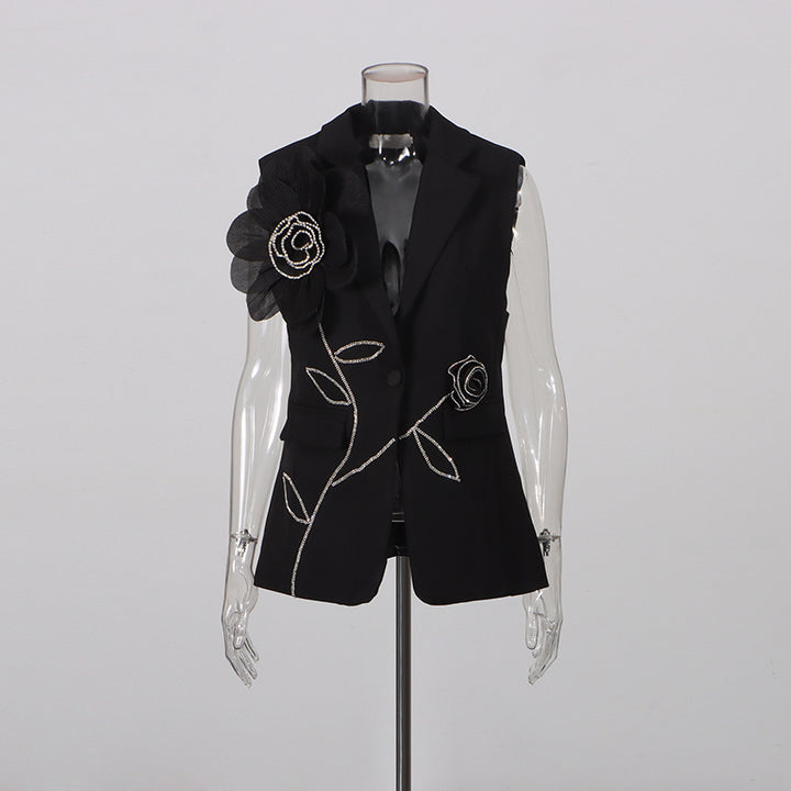 Sleeveless Floral Embroidered Blazer Vest and Wide Leg Trousers Set for Meetings Ready Women-Vyana Collective