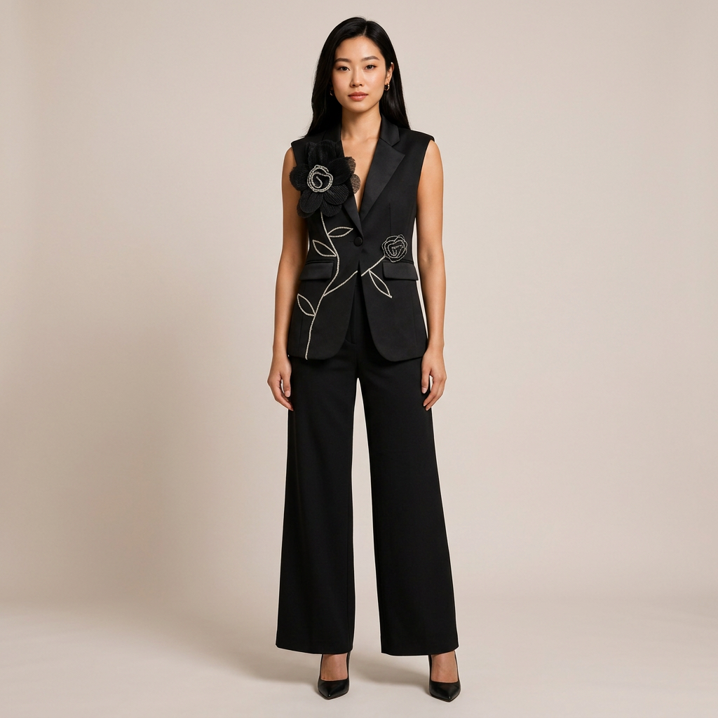 Sleeveless Floral Embroidered Blazer Vest and Wide Leg Trousers Set for Meetings Ready Women-Vyana Collective