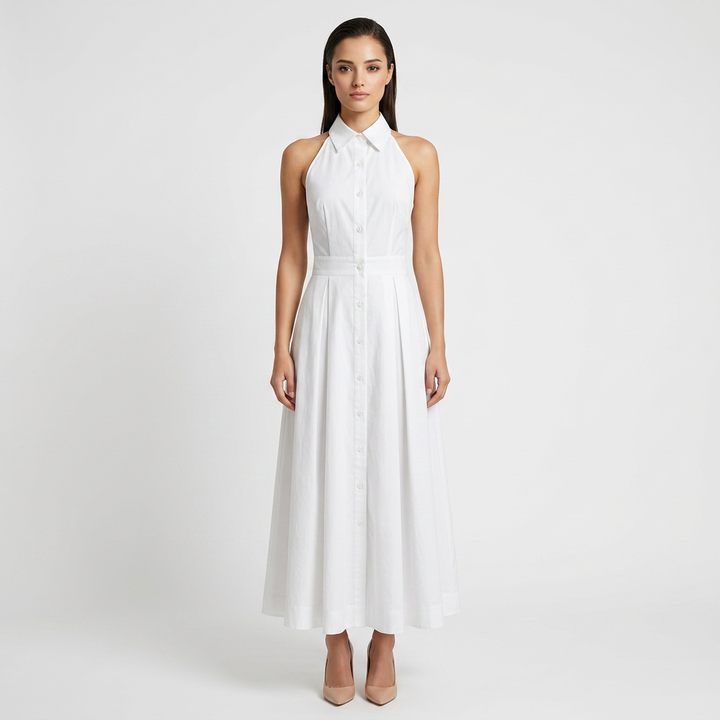 Sleeveless Halter Button-Front Maxi Dress-Vyana Collective