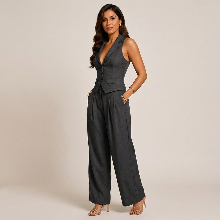 Sleeveless Tailored Vest and Wide Leg Trousers Suit Set for Meetings Ready and Modern Office Style Women-Vyana Collective