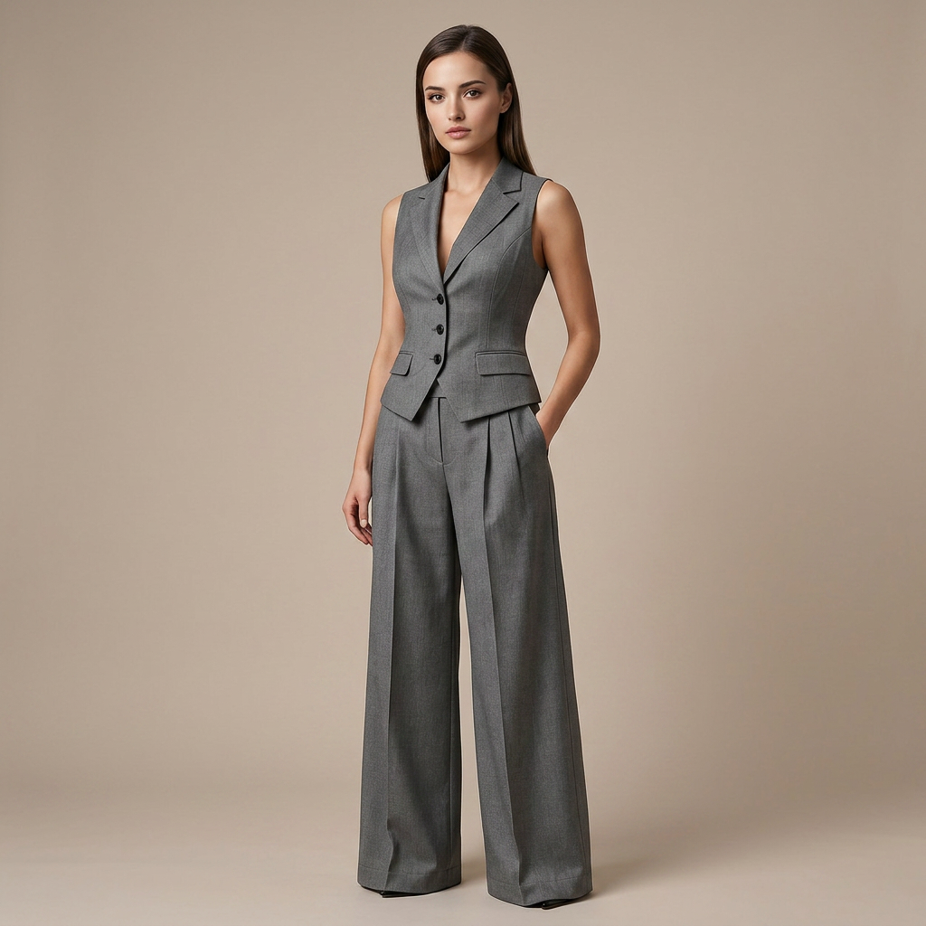 Sleeveless Tailored Vest and Wide Leg Trousers Suit Set for Meetings Ready and Modern Office Style Women-Vyana Collective