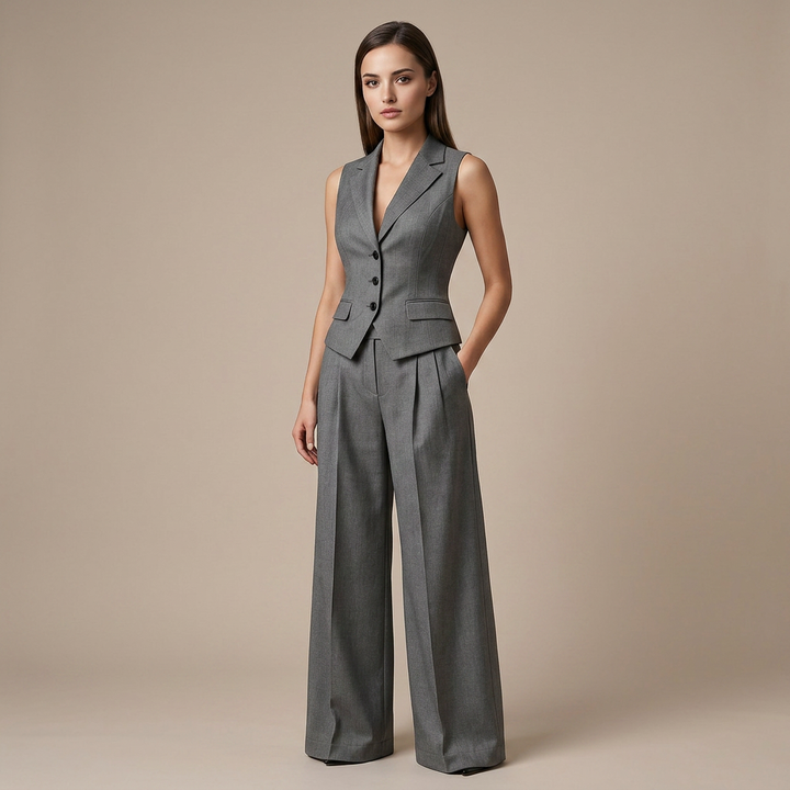Sleeveless Tailored Vest and Wide Leg Trousers Suit Set for Meetings Ready and Modern Office Style Women-Vyana Collective