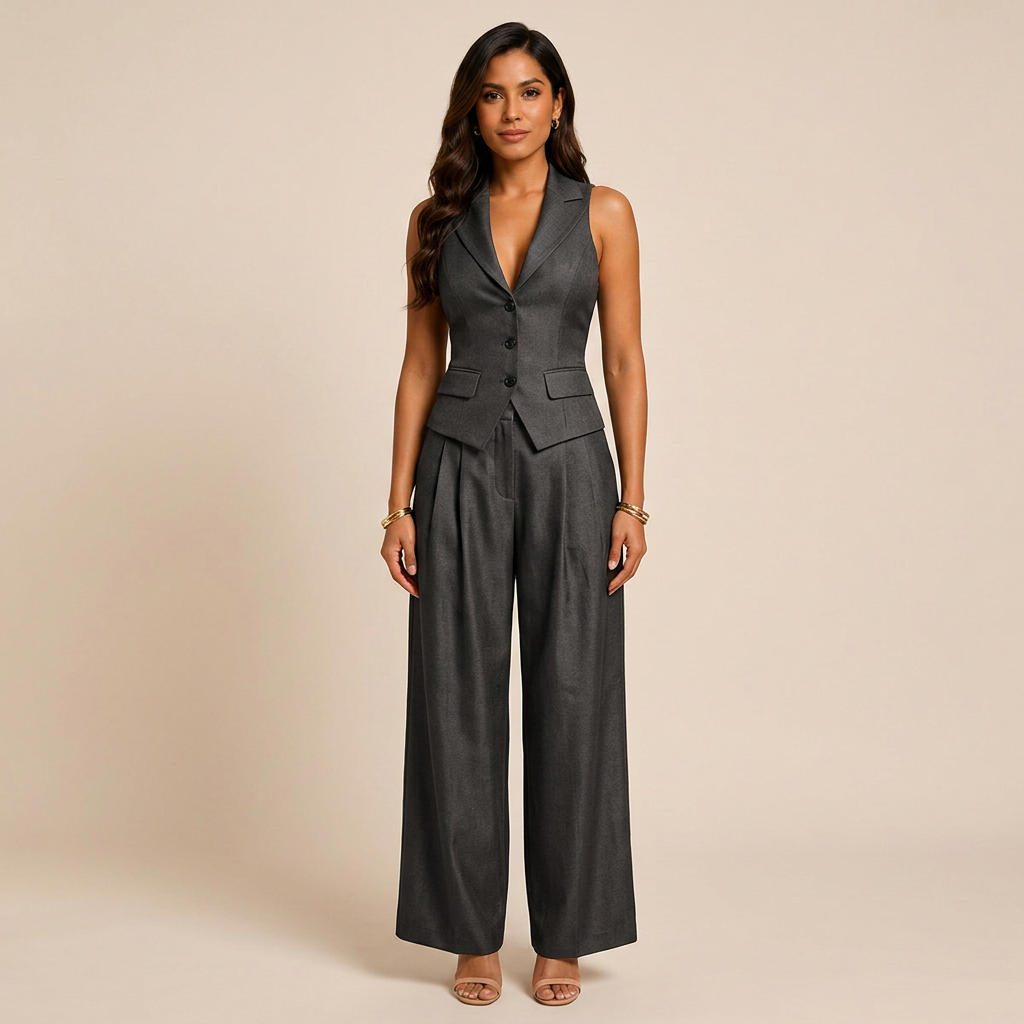 Sleeveless Tailored Vest and Wide Leg Trousers Suit Set for Meetings Ready and Modern Office Style Women-Vyana Collective