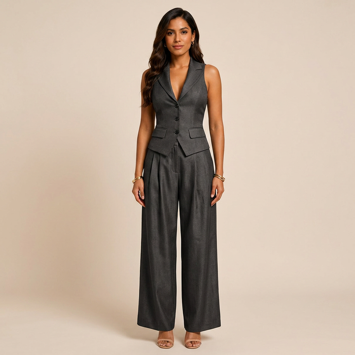 Sleeveless Tailored Vest and Wide Leg Trousers Suit Set for Meetings Ready and Modern Office Style Women-Vyana Collective