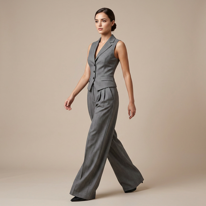 Sleeveless Tailored Vest and Wide Leg Trousers Suit Set for Meetings Ready and Modern Office Style Women-Vyana Collective