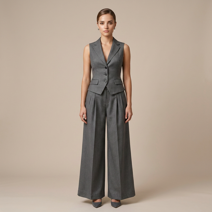 Sleeveless Tailored Vest and Wide Leg Trousers Suit Set for Meetings Ready and Modern Office Style Women-Vyana Collective