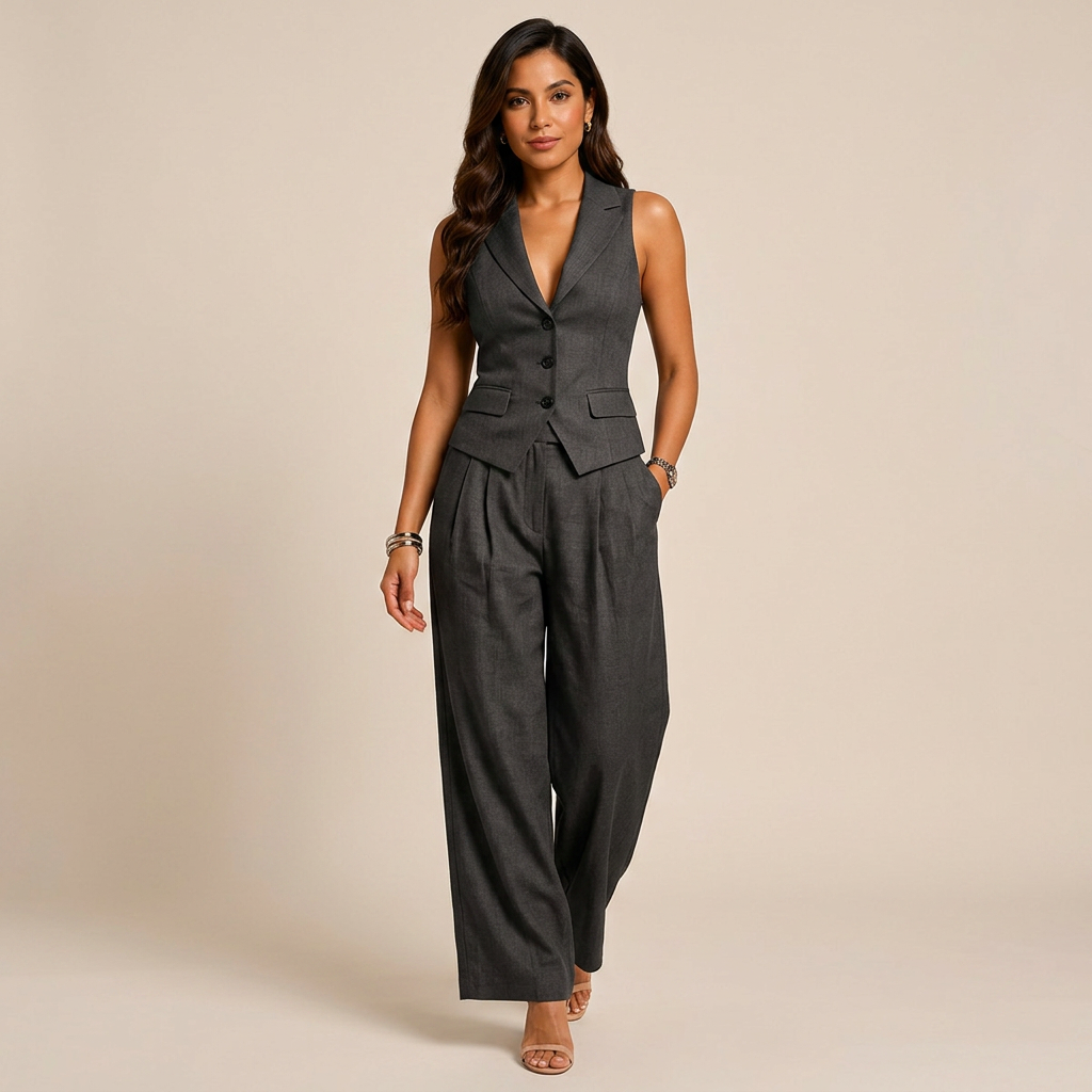 Sleeveless Tailored Vest and Wide Leg Trousers Suit Set for Meetings Ready and Modern Office Style Women-Vyana Collective