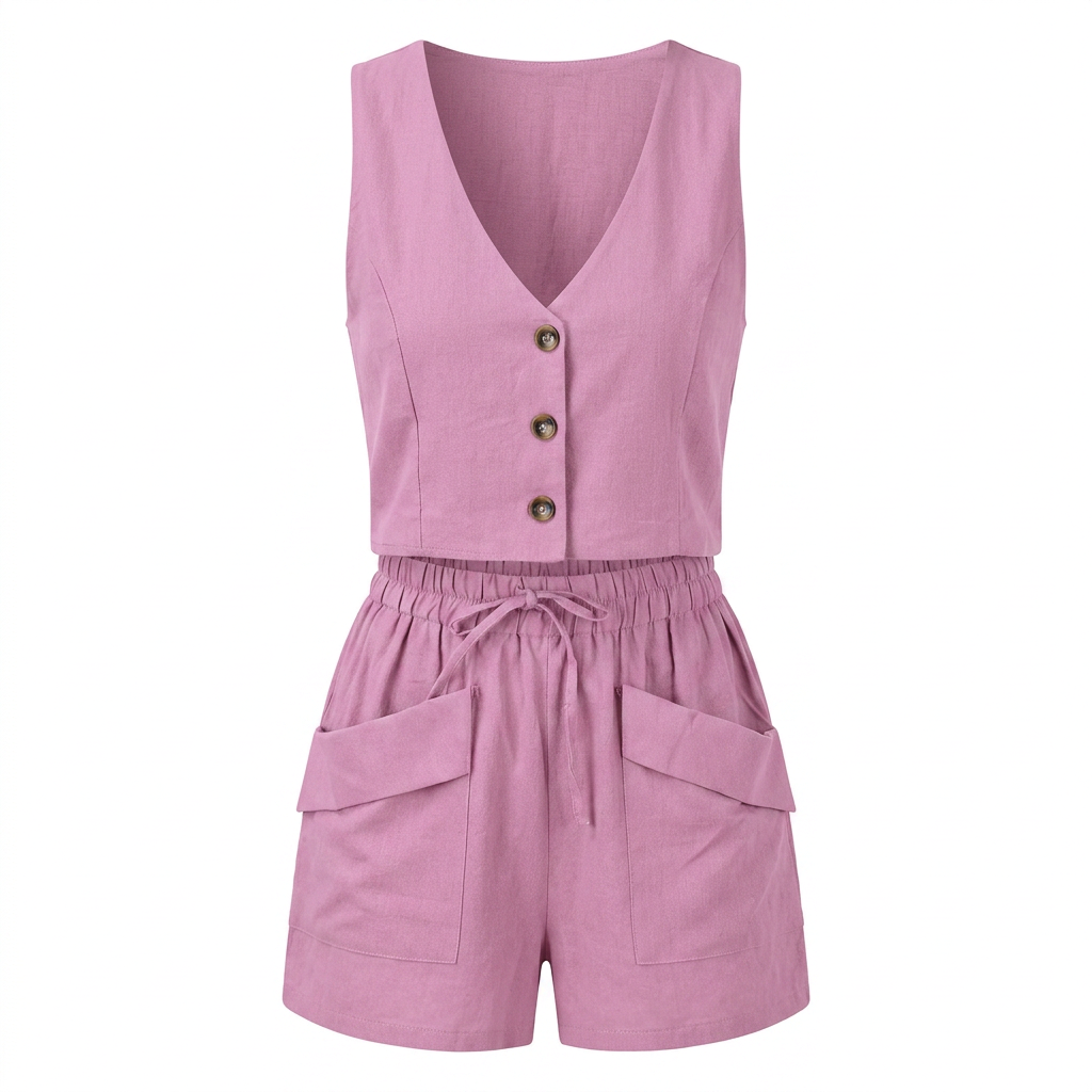Sleeveless V-Neck Top and Pocket Shorts Outfit Set for Daily Comfort and Summer Ease Women-Vyana Collective