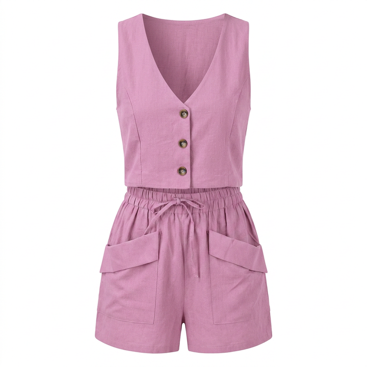 Sleeveless V-Neck Top and Pocket Shorts Outfit Set for Daily Comfort and Summer Ease Women-Vyana Collective