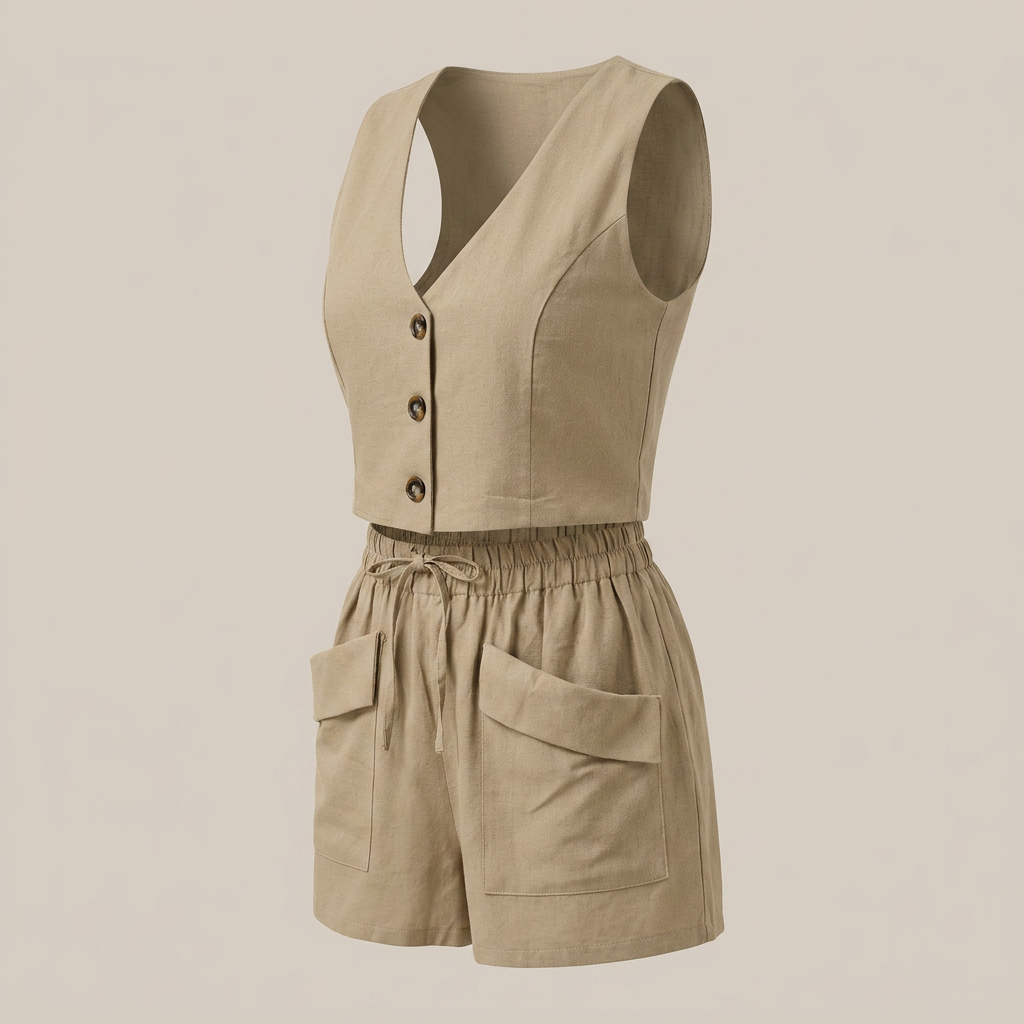 Sleeveless V-Neck Top and Pocket Shorts Outfit Set for Daily Comfort and Summer Ease Women-Vyana Collective