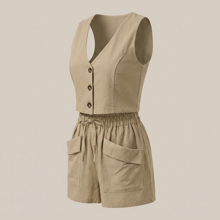 Sleeveless V-Neck Top and Pocket Shorts Outfit Set for Daily Comfort and Summer Ease Women-Vyana Collective