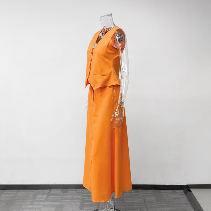 Sleeveless V-Neck Waistcoat &amp; High Waist Midi Skirt Two-Piece Suit Set-Vyana Collective