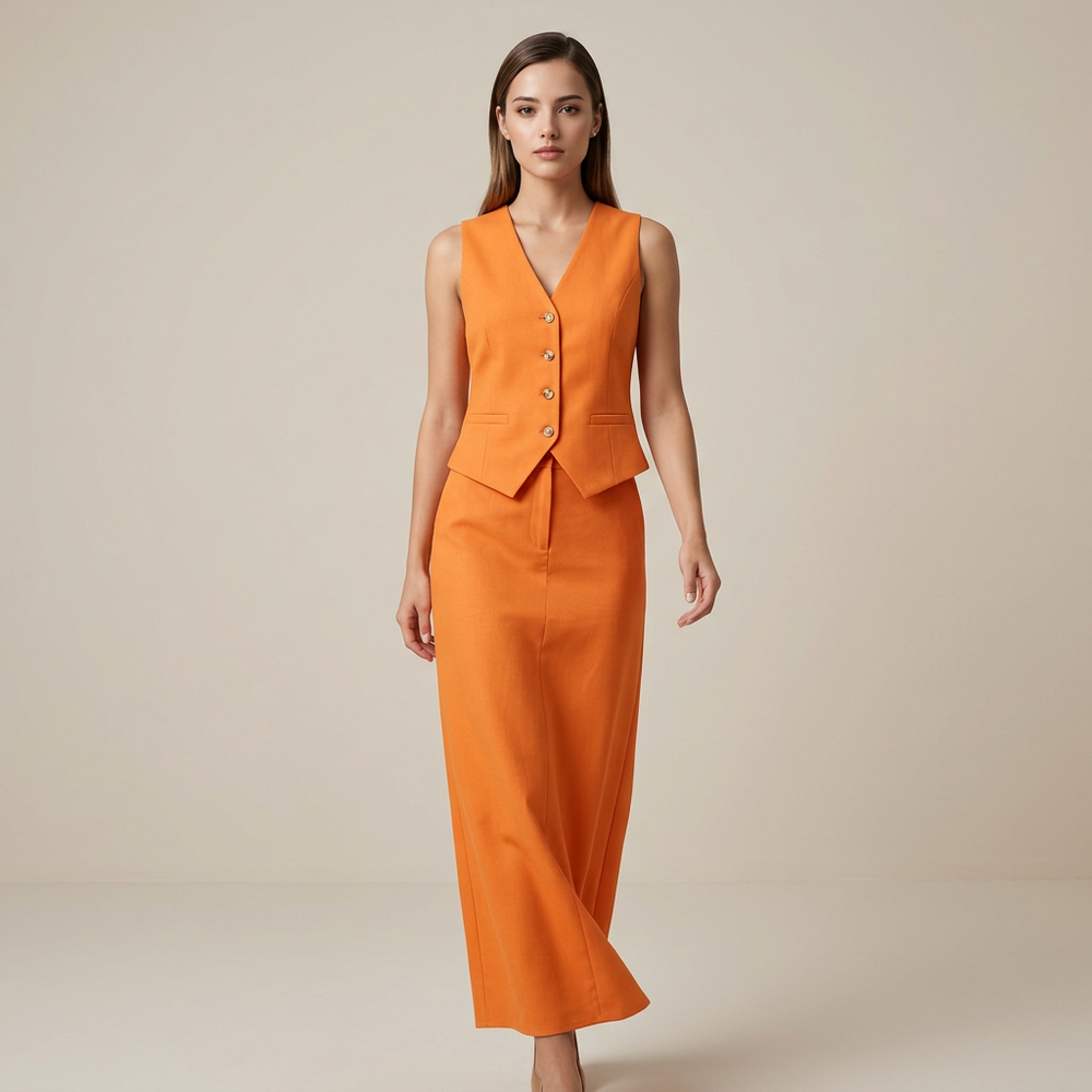 Sleeveless V-Neck Waistcoat & High Waist Midi Skirt Two-Piece Suit Set-Vyana Collective