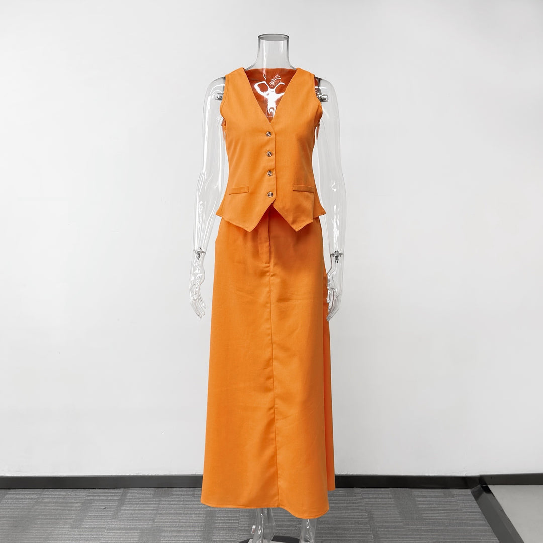 Sleeveless V-Neck Waistcoat &amp; High Waist Midi Skirt Two-Piece Suit Set-Vyana Collective