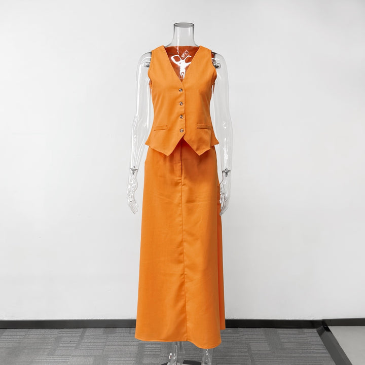 Sleeveless V-Neck Waistcoat &amp; High Waist Midi Skirt Two-Piece Suit Set-Vyana Collective