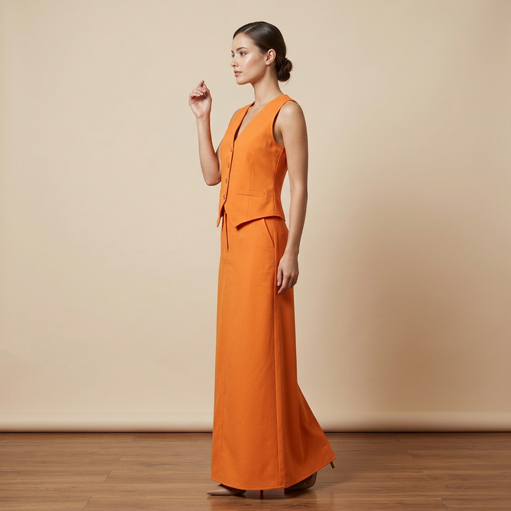 Sleeveless V-Neck Waistcoat &amp; High Waist Midi Skirt Two-Piece Suit Set-Vyana Collective