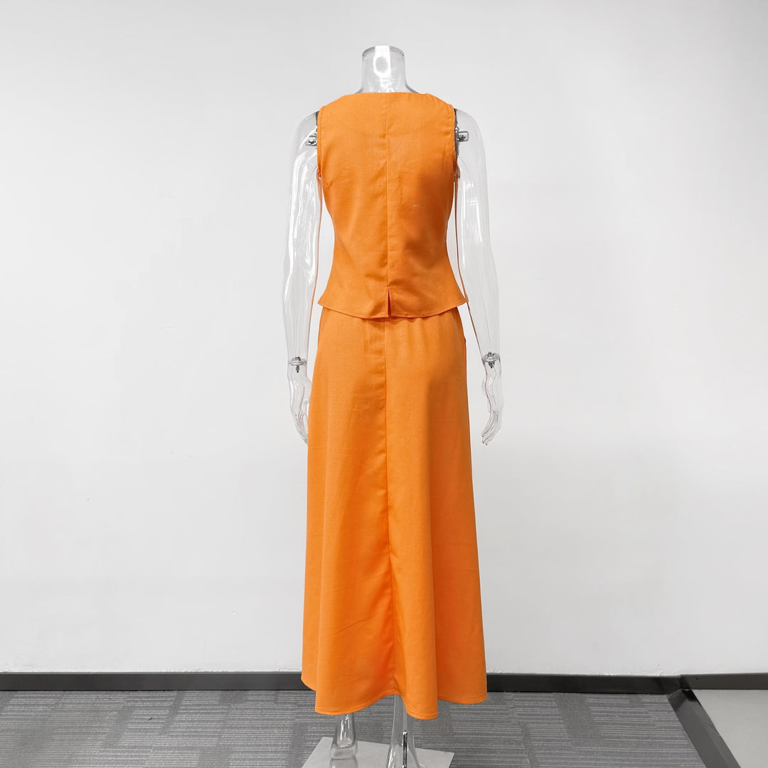 Sleeveless V-Neck Waistcoat &amp; High Waist Midi Skirt Two-Piece Suit Set-Vyana Collective