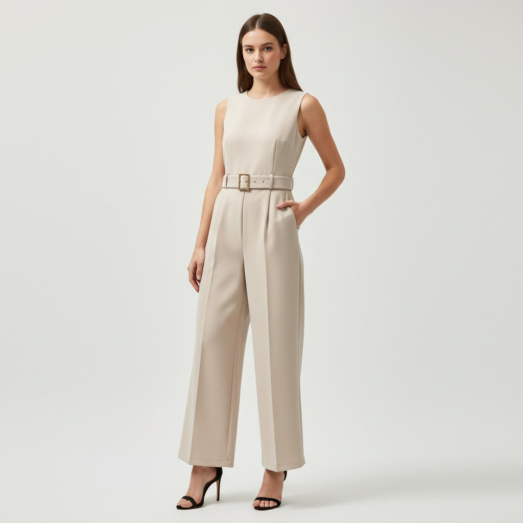 Sleeveless Waist-Cinching Jumpsuit with Metallic Buckle-Vyana Collective