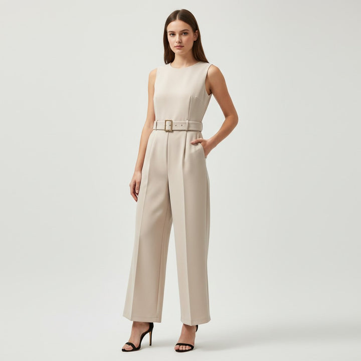 Sleeveless Waist-Cinching Jumpsuit with Metallic Buckle-Vyana Collective