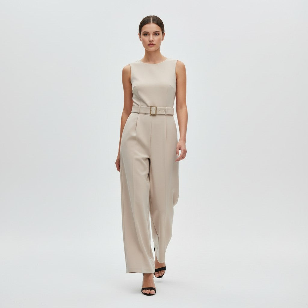 Sleeveless Waist-Cinching Jumpsuit with Metallic Buckle-Vyana Collective
