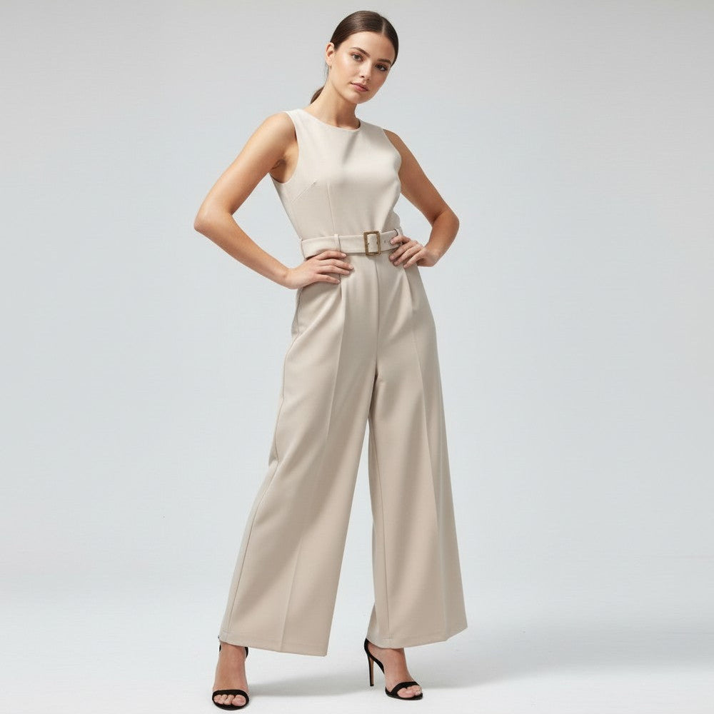 Sleeveless Waist-Cinching Jumpsuit with Metallic Buckle-Vyana Collective