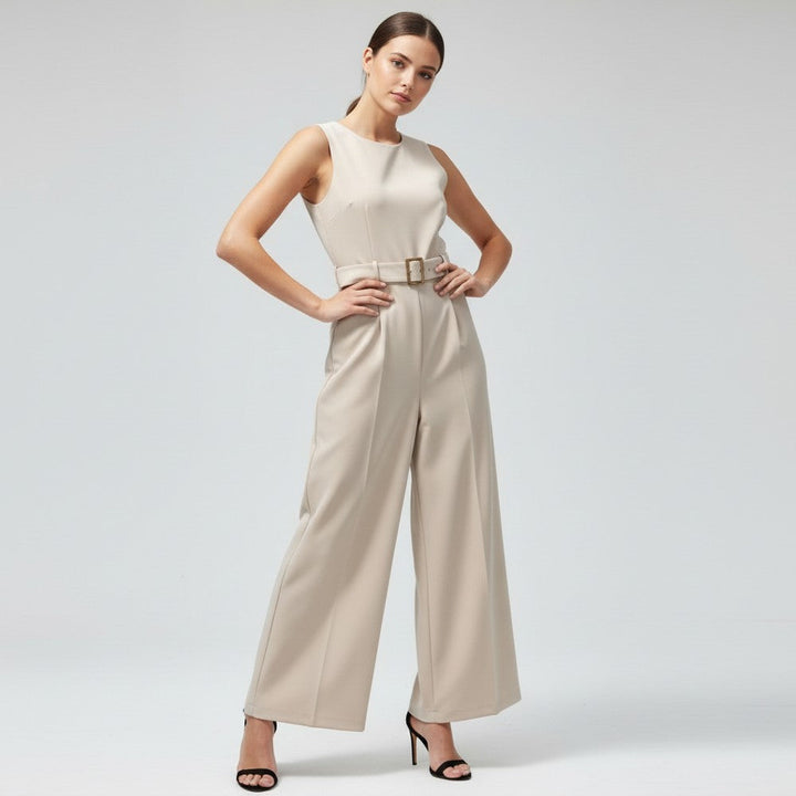 Sleeveless Waist-Cinching Jumpsuit with Metallic Buckle-Vyana Collective