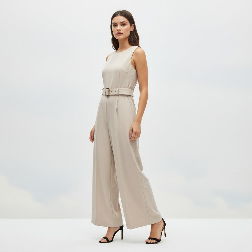 Sleeveless Waist-Cinching Jumpsuit with Metallic Buckle-Vyana Collective