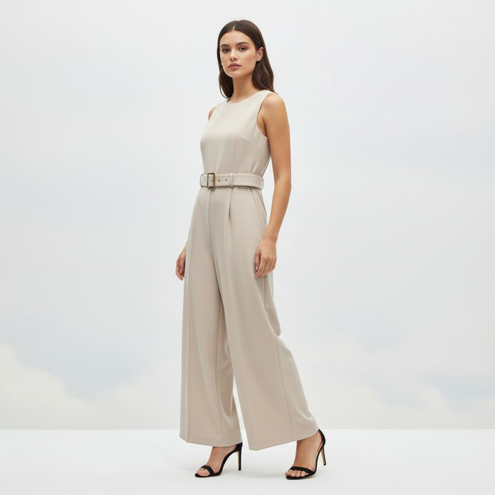Sleeveless Waist-Cinching Jumpsuit with Metallic Buckle-Vyana Collective
