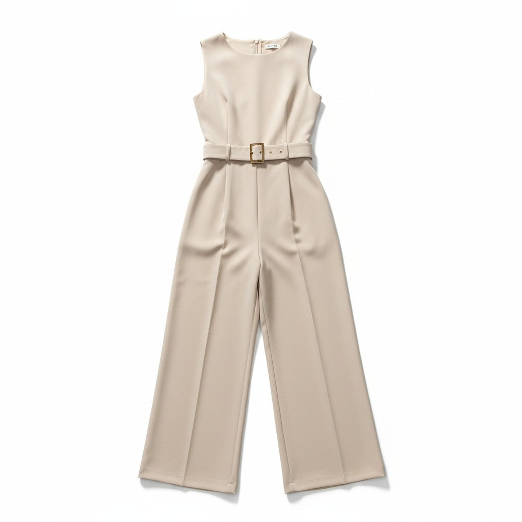 Sleeveless Waist-Cinching Jumpsuit with Metallic Buckle-Vyana Collective