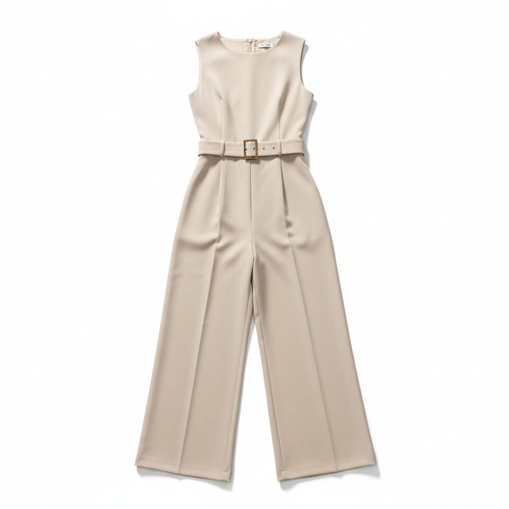 Sleeveless Waist-Cinching Jumpsuit with Metallic Buckle-Vyana Collective