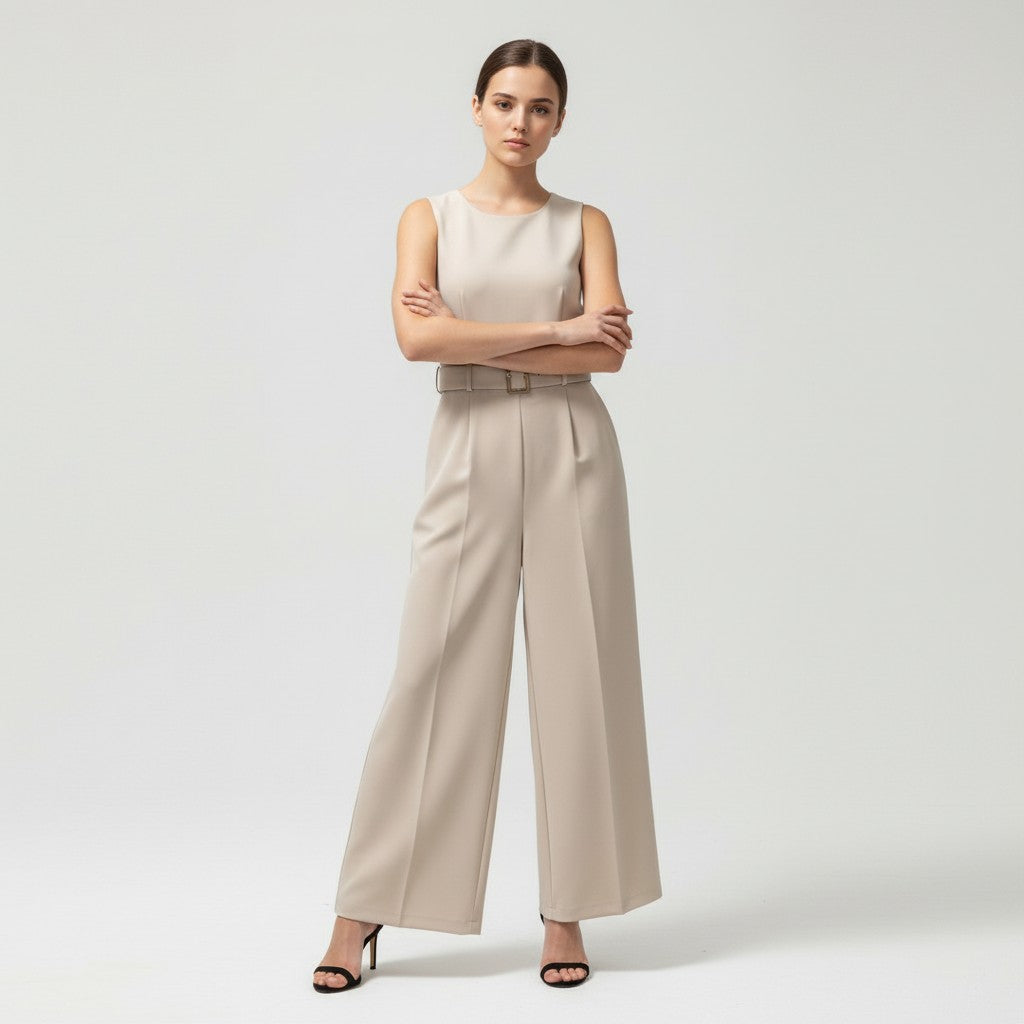 Sleeveless Waist-Cinching Jumpsuit with Metallic Buckle-Vyana Collective