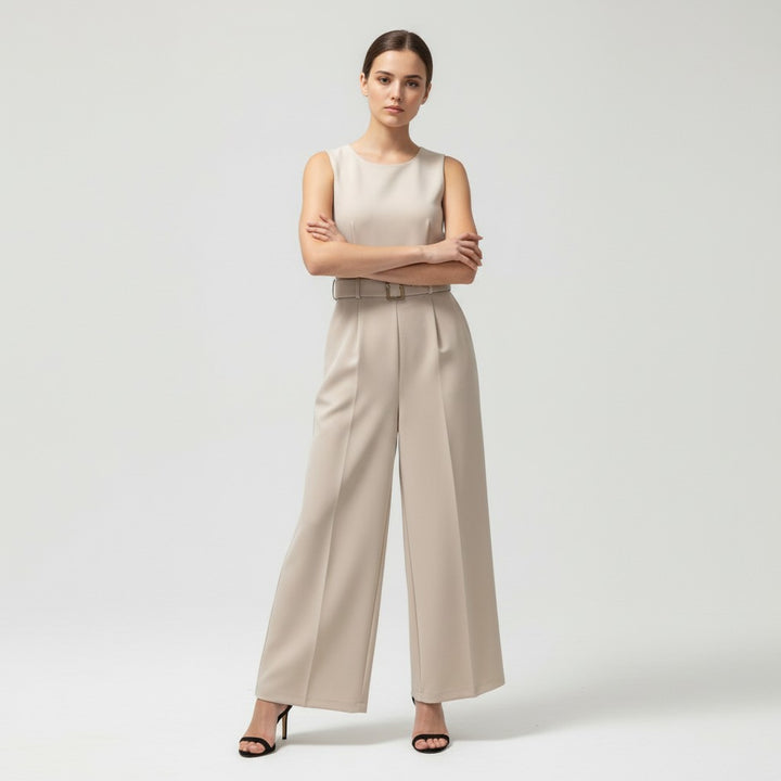 Sleeveless Waist-Cinching Jumpsuit with Metallic Buckle-Vyana Collective