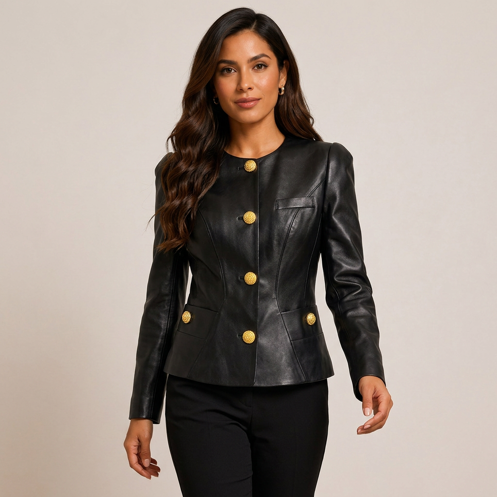 Slim Fit Faux Leather Jacket with Gold Button Detail for Meetings Ready and Modern Office Style Women-Vyana Collective