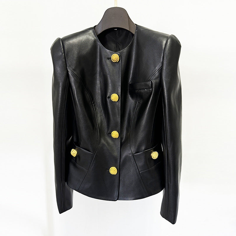 Slim Fit Faux Leather Jacket with Gold Button Detail for Meetings Ready and Modern Office Style Women-Vyana Collective