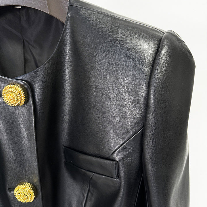 Slim Fit Faux Leather Jacket with Gold Button Detail for Meetings Ready and Modern Office Style Women-Vyana Collective