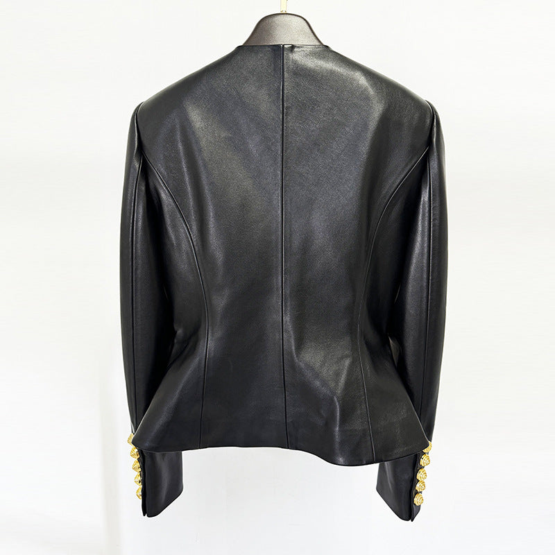 Slim Fit Faux Leather Jacket with Gold Button Detail for Meetings Ready and Modern Office Style Women-Vyana Collective