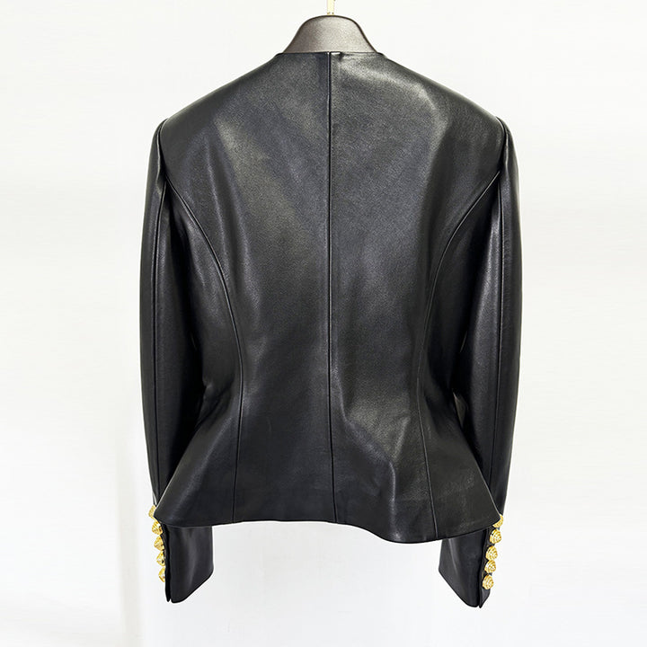 Slim Fit Faux Leather Jacket with Gold Button Detail for Meetings Ready and Modern Office Style Women-Vyana Collective