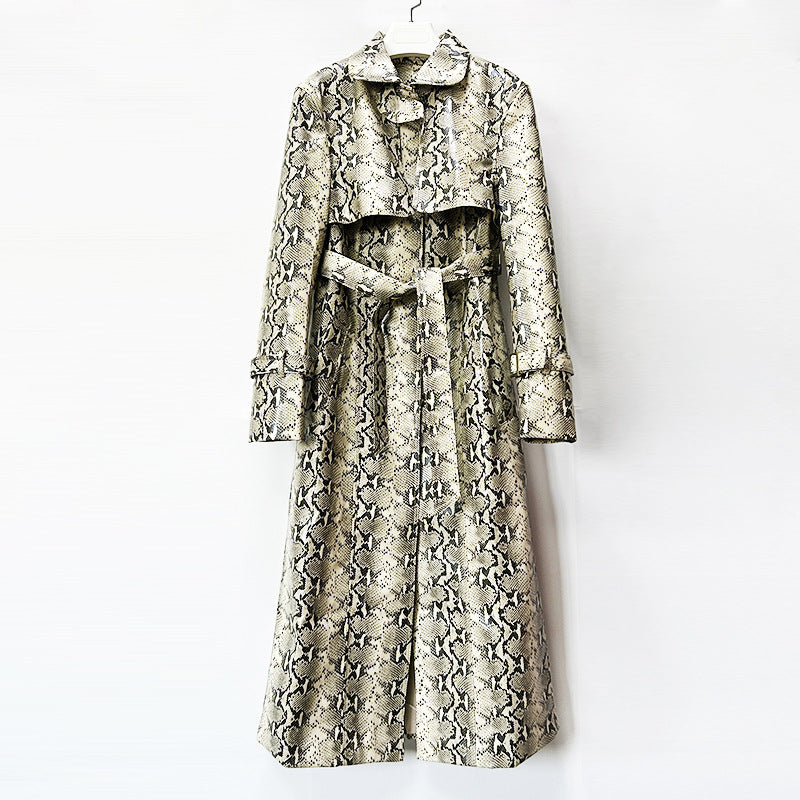 Snake-Print Faux Leather Belted Long Trench Coat-Vyana Collective