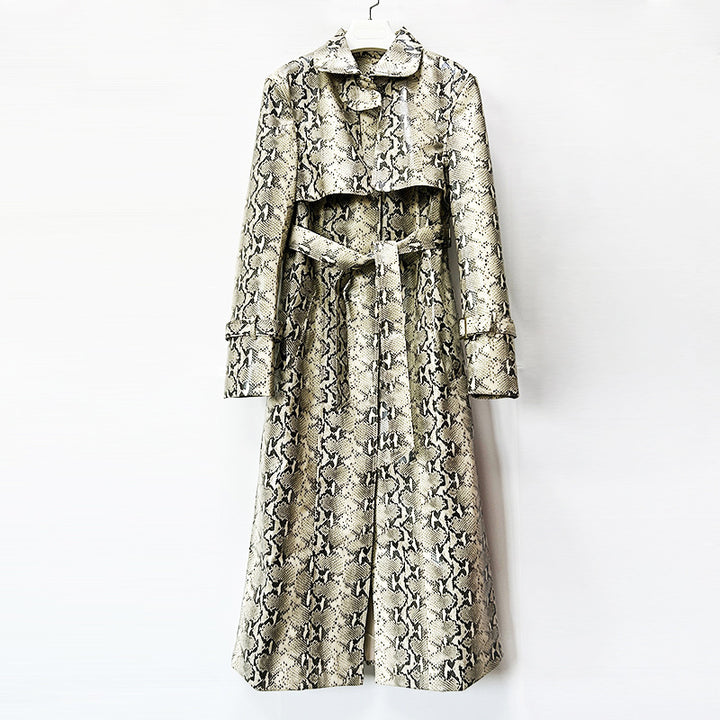Snake-Print Faux Leather Belted Long Trench Coat-Vyana Collective