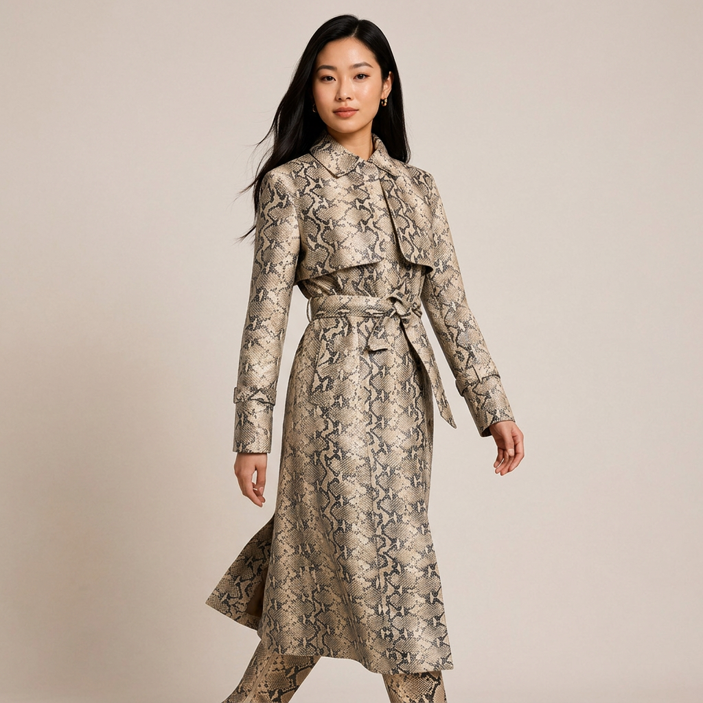 Snake-Print Faux Leather Belted Long Trench Coat-Vyana Collective