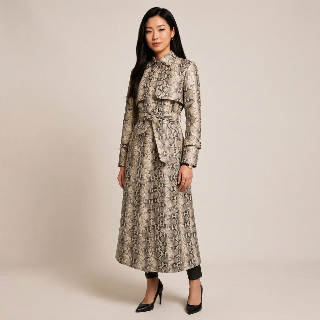 Snake-Print Faux Leather Belted Long Trench Coat-Vyana Collective