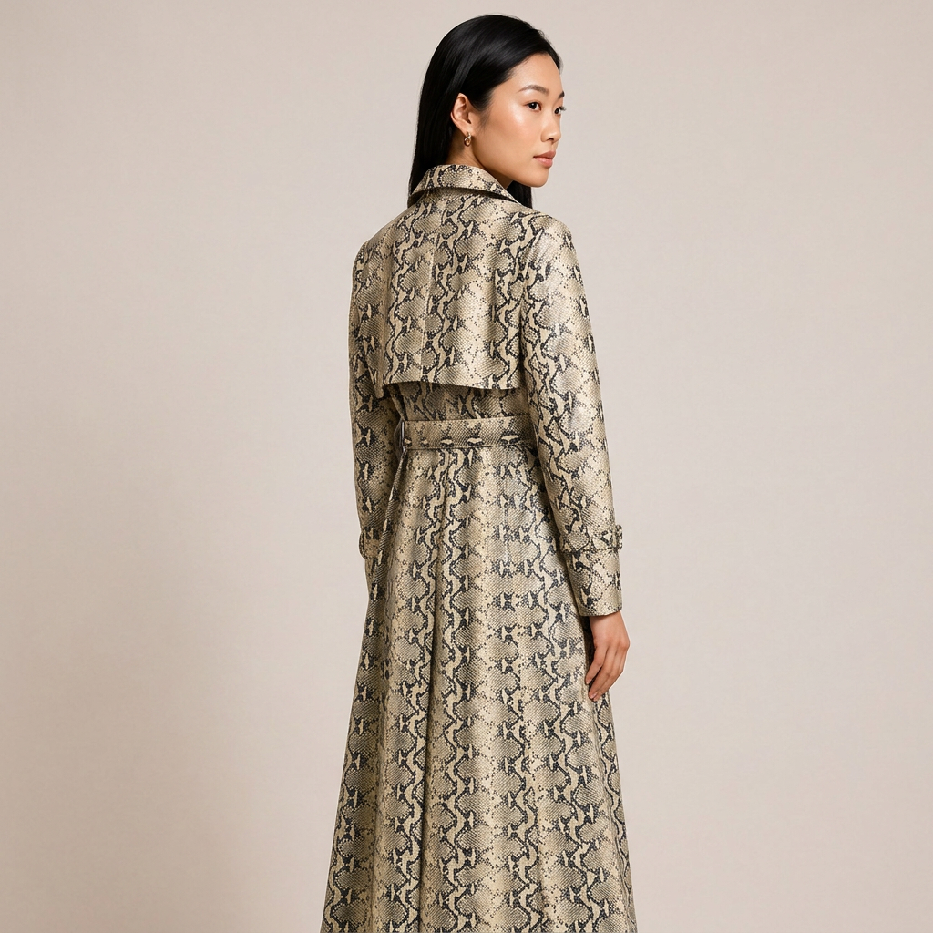 Snake-Print Faux Leather Belted Long Trench Coat-Vyana Collective