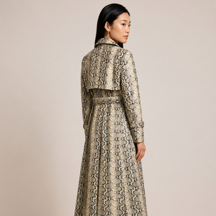 Snake-Print Faux Leather Belted Long Trench Coat-Vyana Collective