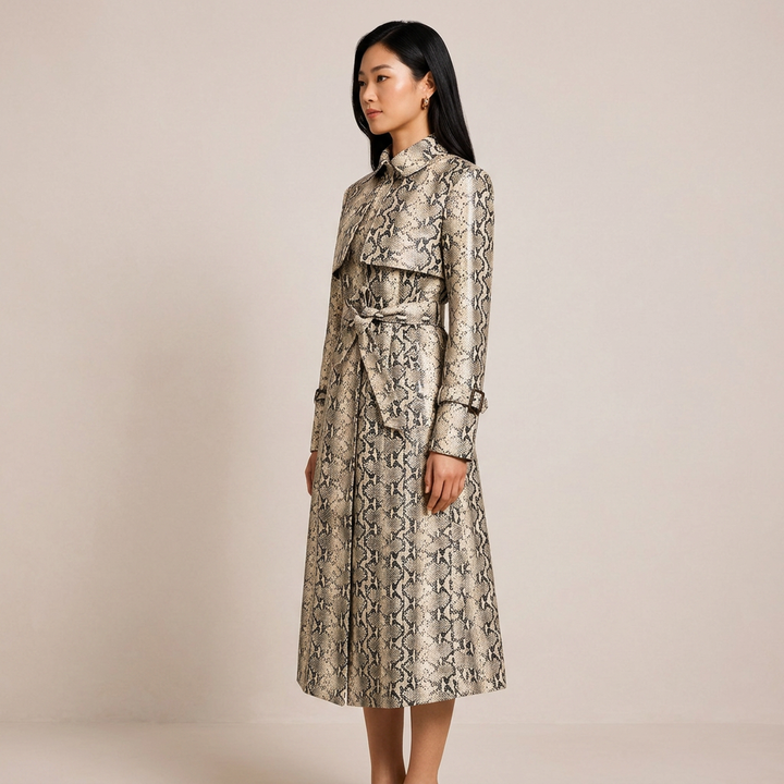 Snake-Print Faux Leather Belted Long Trench Coat-Vyana Collective